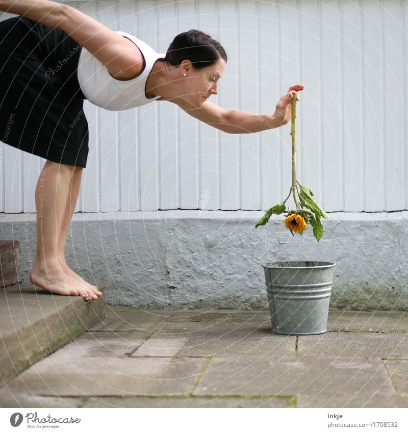 Woman throws sunflower into metal bucket Lifestyle Style Leisure and hobbies Adults Body 1 Human being 30 - 45 years Summer Flower Sunflower Dress Bucket