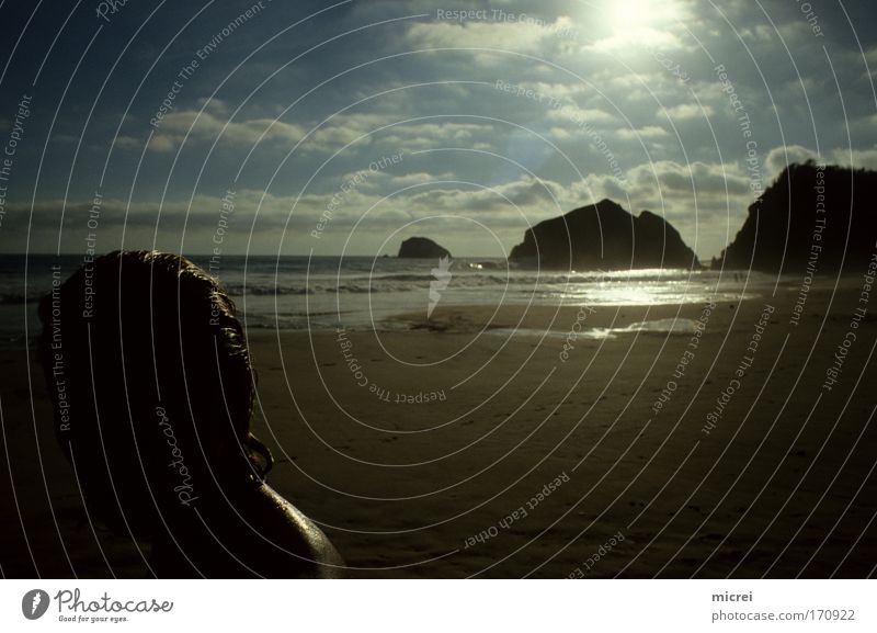 evening sun Colour photo Exterior shot Light Shadow Reflection Deep depth of field Half-profile Looking away Harmonious Well-being Vacation & Travel Beach Ocean