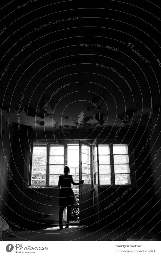 the door to the world Black & white photo Earth Life Woman Door Light Window Beginning Dress