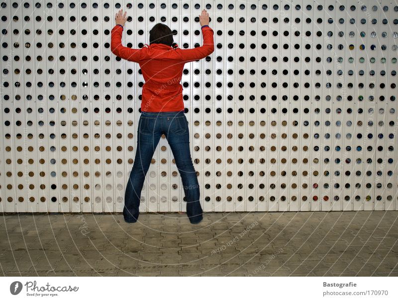 the one with the red jacket Colour photo Human being Feminine 1 Actor Romp Red Emotions Moody Dangerous Jacket Back Woman Garage Garage door search Signal