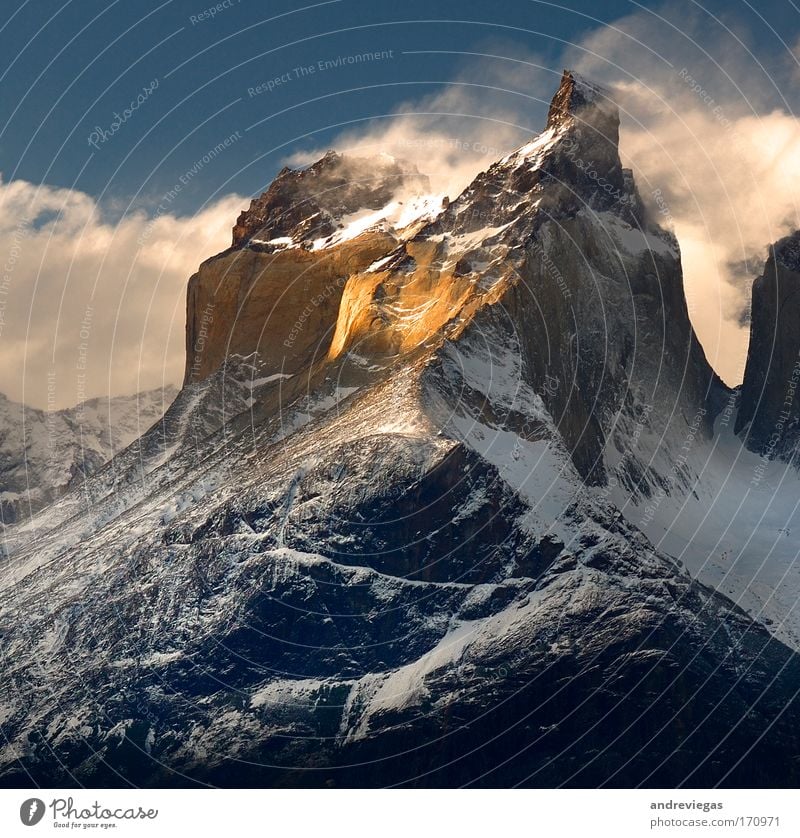 Torres del Paine, Patagonia Multicoloured Exterior shot Deserted Dawn Long shot Nature Landscape Beautiful weather Mountain Cuernos del Paine Peak