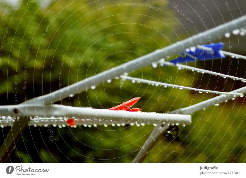 Dryer, wet Colour photo Exterior shot Day Water Drops of water Climate Weather Rain Wet Clothes peg Holder Tumble dryer Cotheshorse