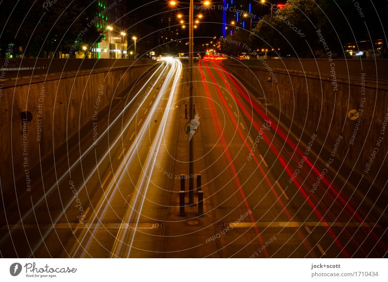 good night in the street of Berlin Downtown Berlin Road traffic Street Road sign Dark Speed Mobility Symmetry Tracer path City light Night light Night journey