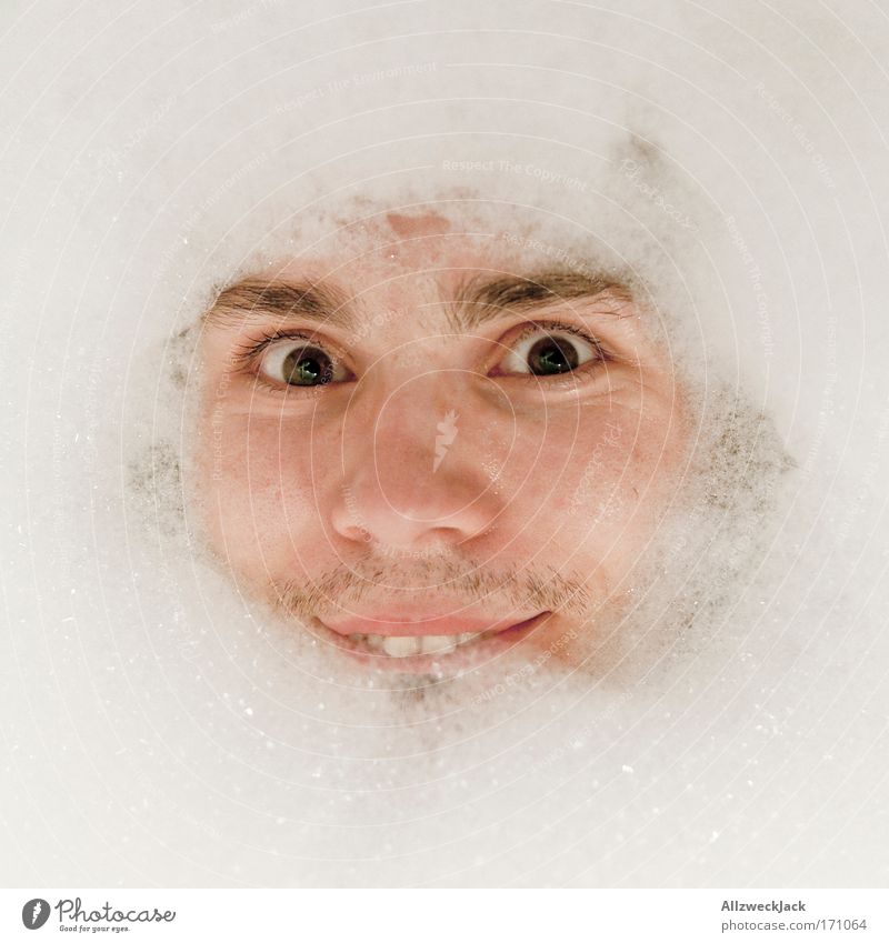 Full bath with full beard Colour photo Interior shot Close-up Artificial light Bird's-eye view Portrait photograph Looking Looking into the camera Bathtub