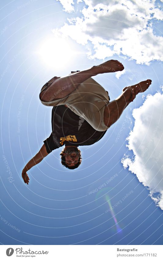 backflip Colour photo Exterior shot Lifestyle Leisure and hobbies Human being Masculine 1 Flying Free Blue Emotions Joy Joie de vivre (Vitality) Stunt