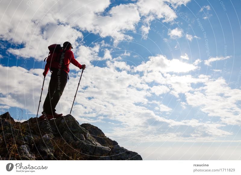 Male hiker standing on the top of a mountain. Leisure and hobbies Vacation & Travel Trip Adventure Freedom Summer Mountain Hiking Sports Climbing Mountaineering