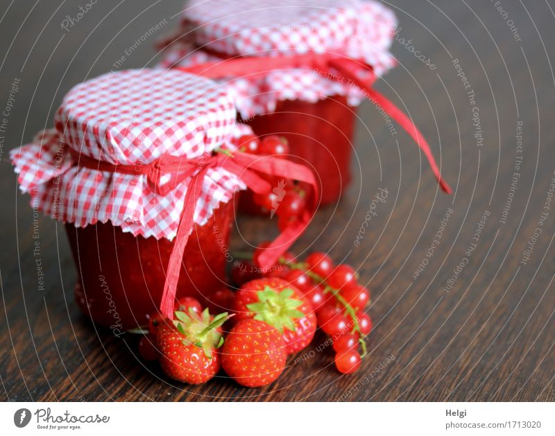 jam season Food Fruit Strawberry Redcurrant Jam Nutrition Organic produce Vegetarian diet Glass Decoration Bow Stand Esthetic Fresh Beautiful Uniqueness