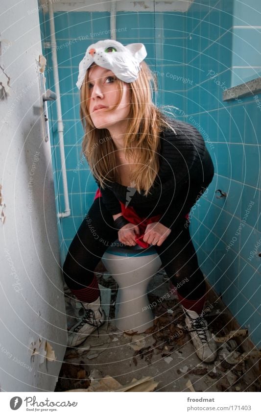 cat's litter box Colour photo Multicoloured Interior shot Day Wide angle Full-length Upward Looking away Human being Feminine Young woman Youth (Young adults)