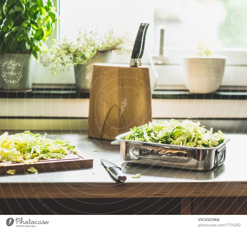 Savoy cabbage Preparing on kitchen table at the window Food Vegetable Lettuce Salad Nutrition Lunch Dinner Organic produce Vegetarian diet Diet Crockery Knives