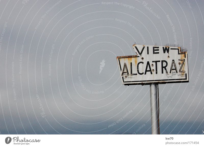 Alcatraz Colour photo Subdued colour Exterior shot Deserted Day Central perspective San Francisco bay Signs and labeling Blue Gray Politics and state