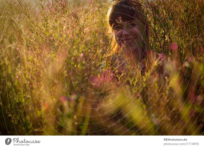 Carina's smiling. Human being Feminine Young woman Youth (Young adults) Face 1 18 - 30 years Adults Environment Nature Landscape Summer Bushes Blossom Meadow