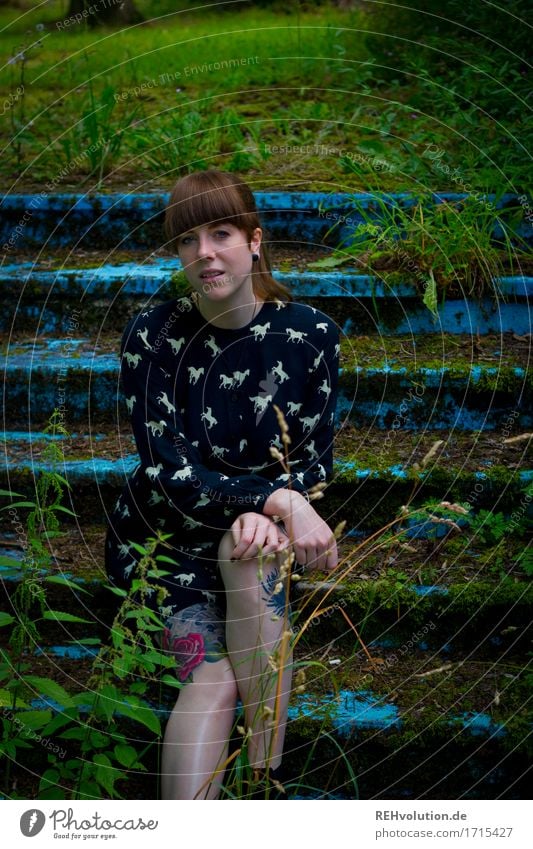 young woman sitting on a staircase Human being Young woman Youth (Young adults) Face Feminine Adults 18 - 30 years Moss Grass Nature Stairs Dress Tattoo