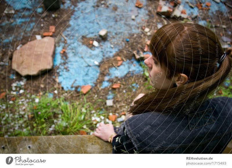 Carina in the abandoned pool. Human being Feminine Young woman Youth (Young adults) Hair and hairstyles 1 18 - 30 years Adults Brunette Long-haired Bangs Sit