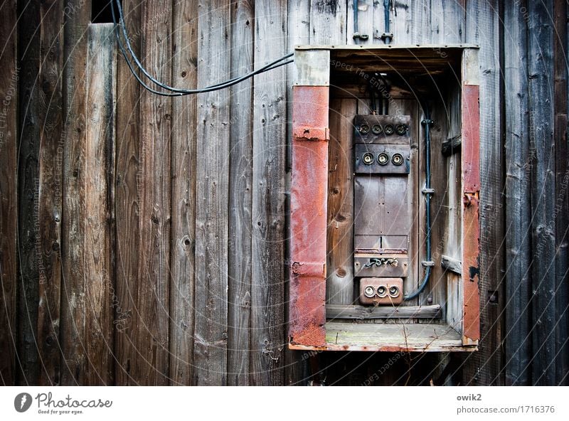 Fuses out Technology Energy industry Fuse-box Wall (barrier) Wall (building) Facade Wood Old Historic Broken Trashy Decline Transience Destruction