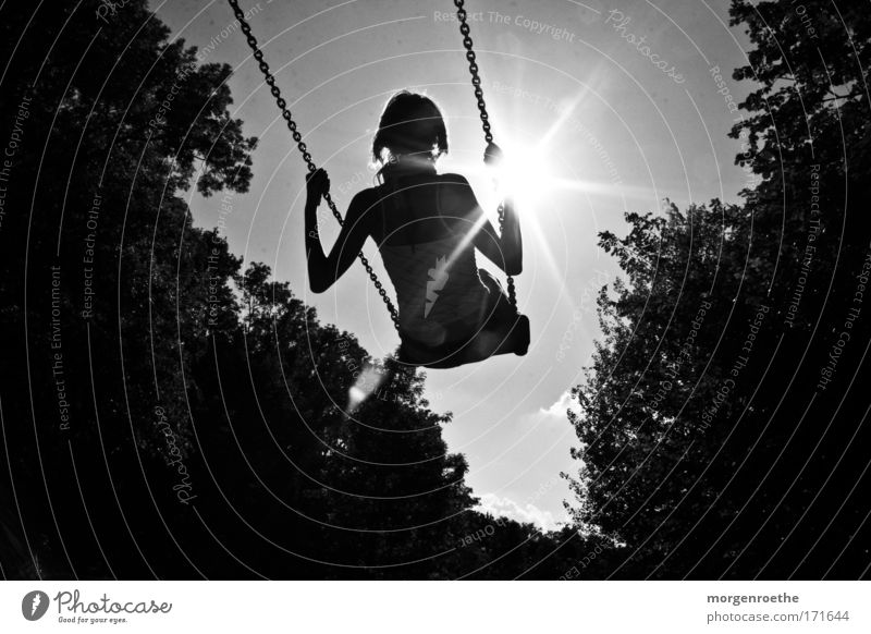 Up to the sun Sun Black & white photo Swing Woman Nature Freedom won Movement