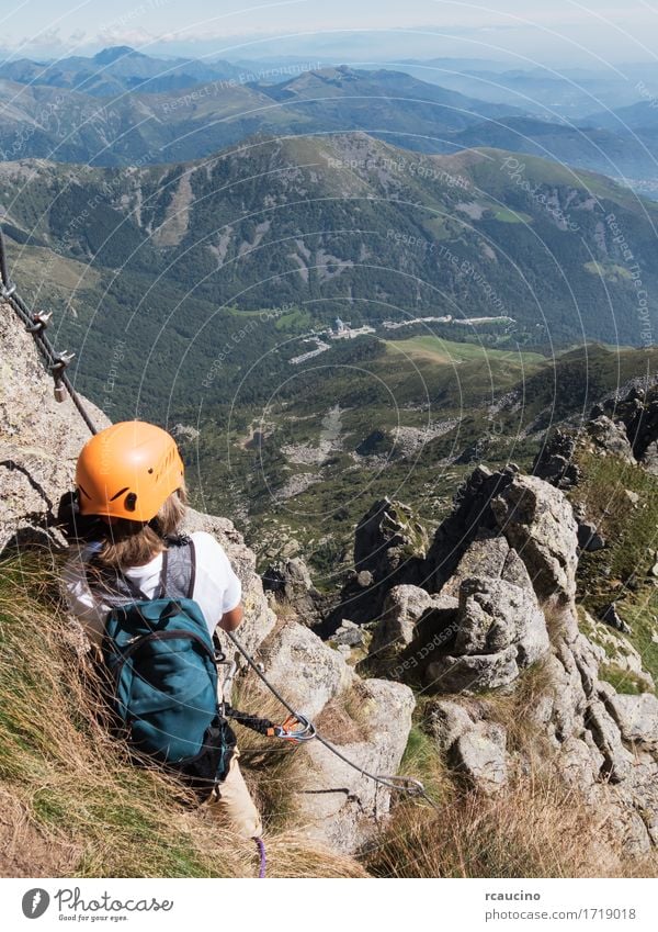 Climbing sport: young boy takes a rest observing panorama Vacation & Travel Tourism Adventure Expedition Summer Mountain Hiking Sports Mountaineering Child Rope