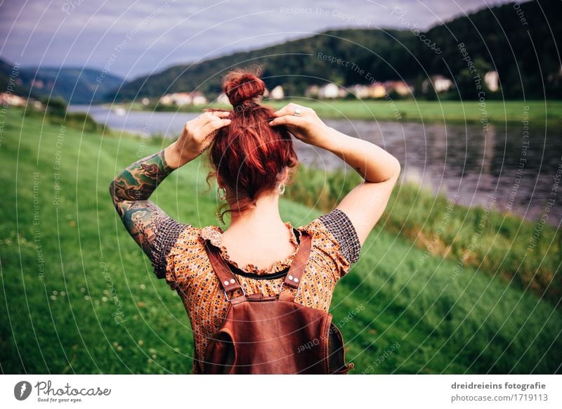 Wanderlust. Homesick. Vacation & Travel Tourism Trip Adventure Far-off places Freedom Summer Human being Feminine Woman Adults 1 Landscape River bank Elbe