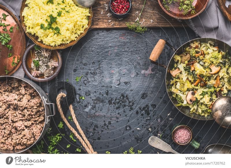 Steamed savoy cabbage and mushrooms with rice and minced meat Food Meat Vegetable Herbs and spices Nutrition Lunch Dinner Organic produce Crockery Bowl Pot