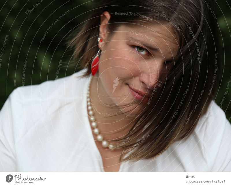 Mary Feminine 1 Human being Shirt Jewellery Earring Necklace Brunette Long-haired Observe Think Smiling Looking Wait Beautiful Contentment Willpower