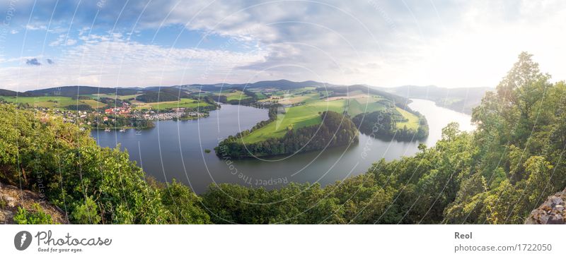 Late evening at the lake Nature Landscape Water Sky Clouds Sunrise Sunset Sunlight Summer Beautiful weather Tree Field Forest Hill Lake Diemelsee Sauerland