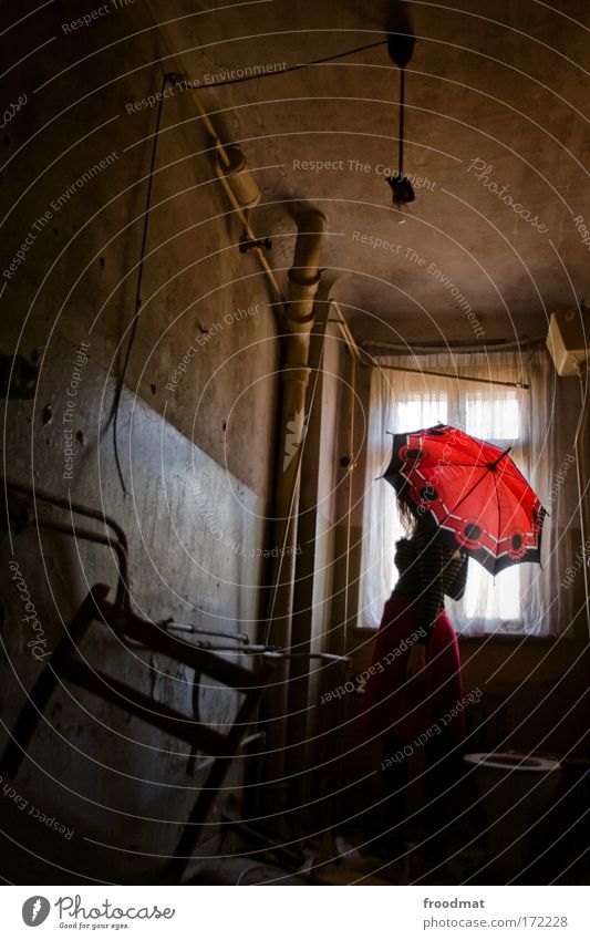 patronage Colour photo Interior shot Day Low-key Wide angle Full-length Human being Feminine Woman Adults 1 Stand Threat Dirty Dark Authentic Hideous Trashy