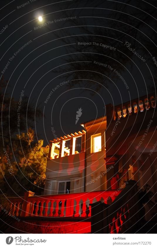 House by the sea Experimental Night Long exposure Wide angle Luxury Vacation & Travel Dream house Night sky Full  moon Facade Balcony Terrace Uniqueness Warmth