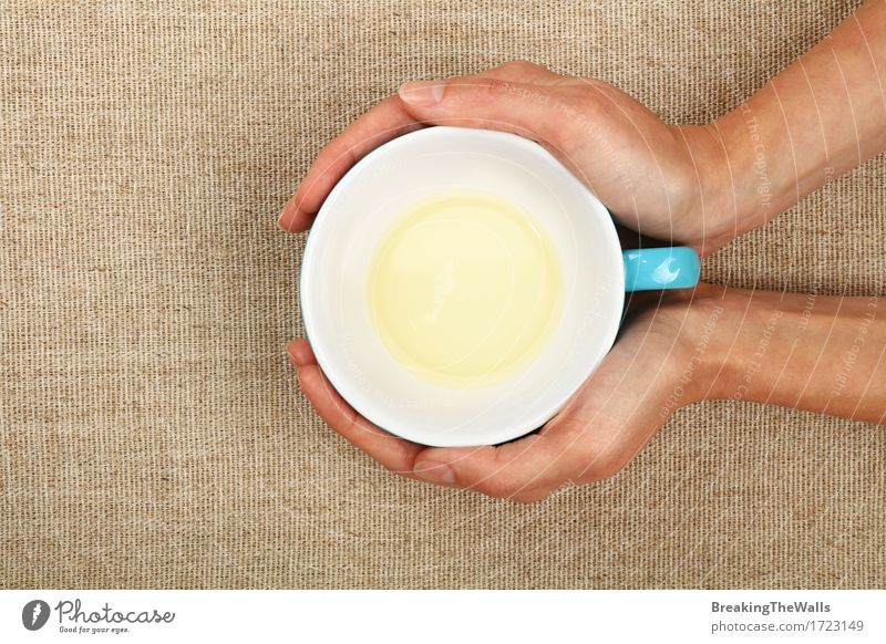 Two woman hands holding empty finished cup of green tea Beverage Drinking Hot drink Tea Mug Woman Adults Hand To hold on Embrace Blue Green White