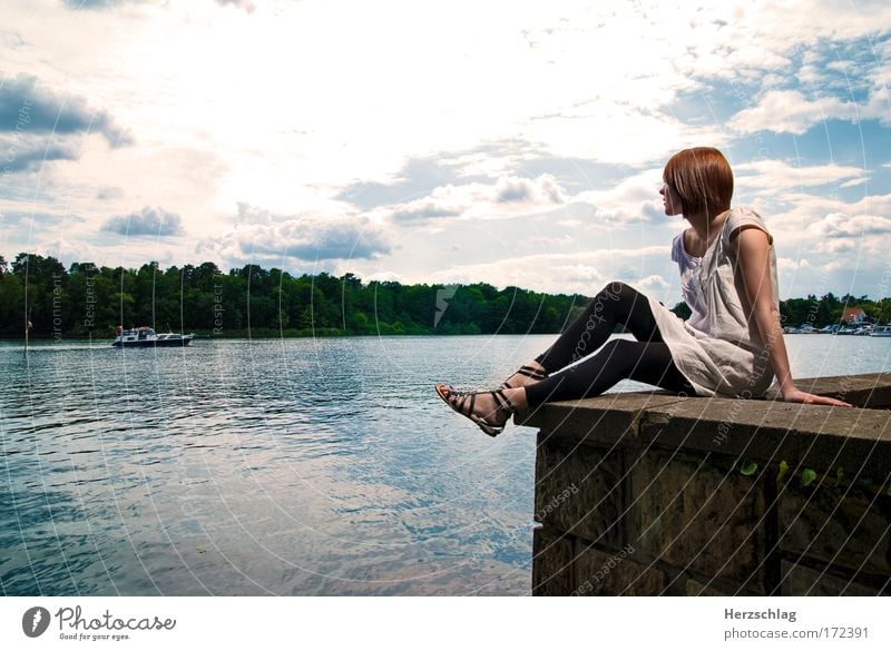 every girl need a friend Colour photo Exterior shot Copy Space right Day Artificial light Sunlight Wide angle Looking away Feminine 1 Human being Water Sky Lake