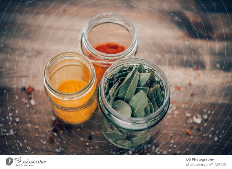 Spices in jars Herbs and spices Kitchen Leaf Wood Delicious Natural Green Red angle bay leaves colorful cooking Culinary Dried essentials flavor food healthy