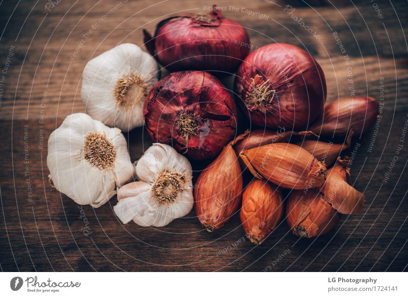 Food still life flavorful ingredients Herbs and spices Kitchen Leaf Fresh Natural Yellow Green Red Colour bay leaves board bulbs colorful cooking flavors food