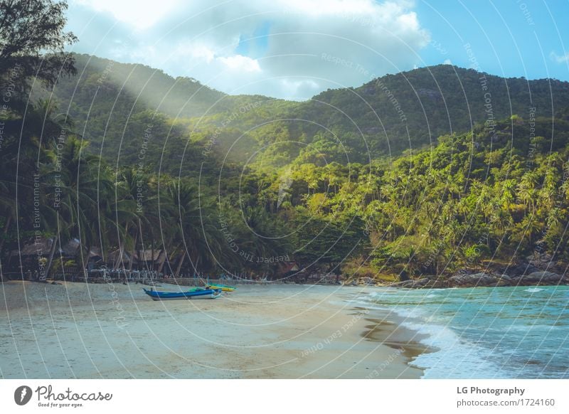 Boat on Bottle Beach Beautiful Relaxation Calm Vacation & Travel Adventure Sun Ocean Waves Rope Culture Sand Clouds Coast Transport Watercraft Blue Green Colour