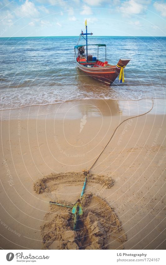 Anchored boat on a beach, Koh Pha Ngan, Thailand Beautiful Relaxation Calm Vacation & Travel Adventure Sun Beach Ocean Waves Rope Culture Sand Clouds Coast