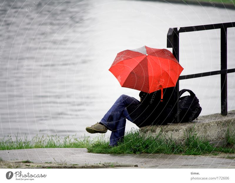 Woman with umbrella by the river Rain Lakeside Pond Street Lanes & trails Umbrella Sit Wet Gray Red Break Edge Stay Bridge railing Flip over Backpack Dazzling