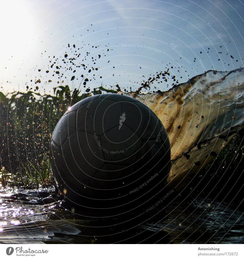 CRASH-LANDING IN WATER Colour photo Exterior shot Deserted Copy Space bottom Day Shadow Contrast Worm's-eye view Sports Ball sports Foot ball Environment Nature