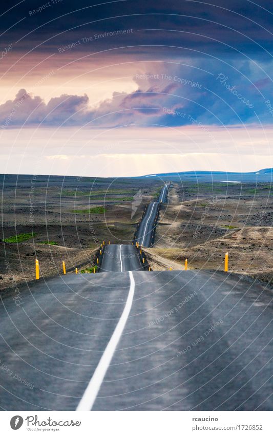 Ondulated and empty road in the sub-artic icelandic landscape Vacation & Travel Tourism Summer Mountain Nature Landscape Sky Autumn Street Line Dark Blue Gray