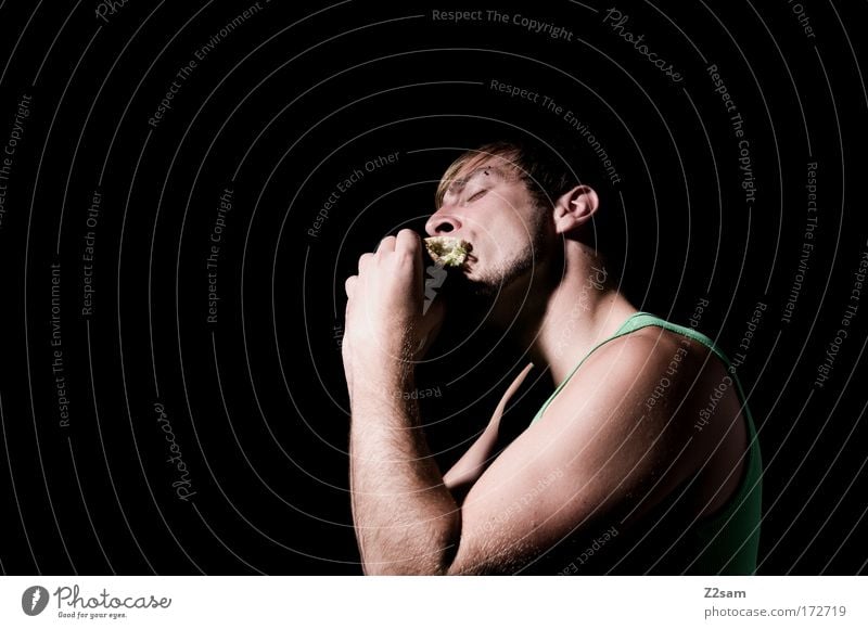 mhmm!!!!!!!!!!!!!!!!!!!!! Colour photo Studio shot Flash photo Upper body Looking away Food Roll Sandwich Fast food Style Human being Masculine Young man