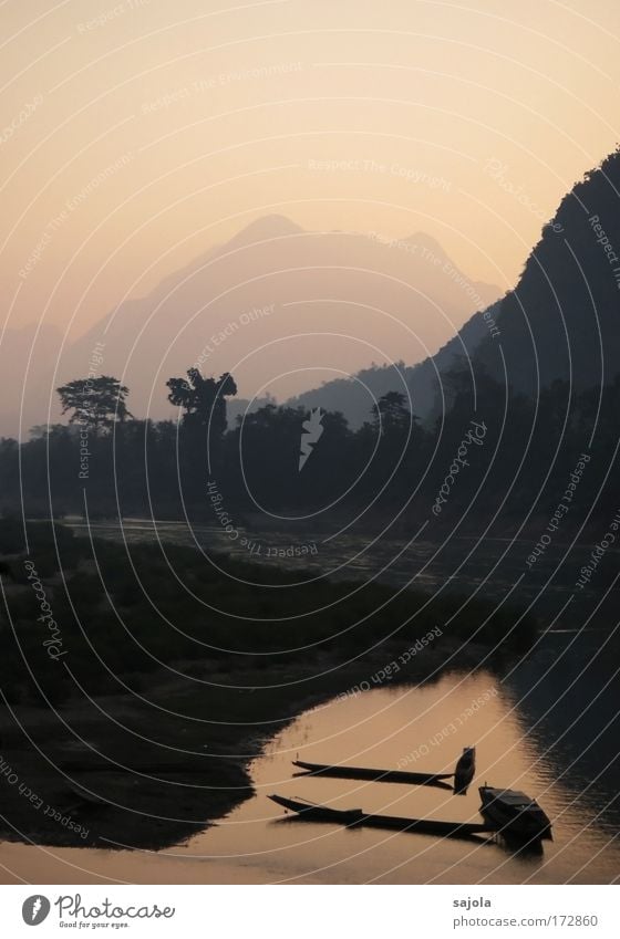 boats at the mekong Vacation & Travel Far-off places Environment Nature Landscape Plant Water Sky Sunrise Sunset Sunlight River bank Mekong muang ngoi neua Laos