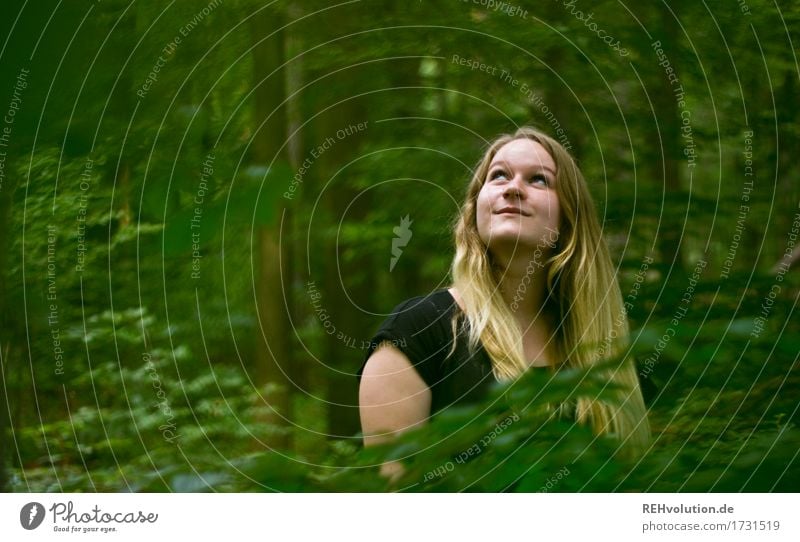 Jacki in the forest Human being Feminine Young woman Youth (Young adults) Face 1 18 - 30 years Adults Environment Nature Landscape Tree Forest Dress Blonde