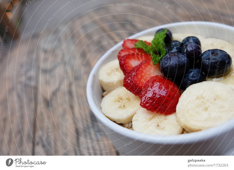 Acai bowl strawberry blueberry banana wooden table Yoghurt Fruit Dessert Nutrition Breakfast Vegetarian diet Diet Bowl Summer Fresh Delicious Energy acai cup