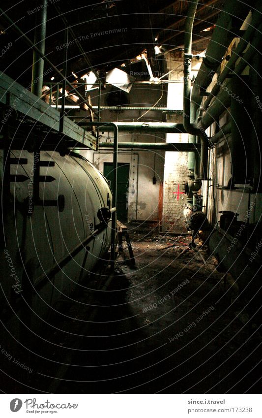 And tomorrow you'll be demolished... Colour photo Interior shot Abstract Deserted Day Shadow Central perspective Industrial plant Factory Wall (barrier)