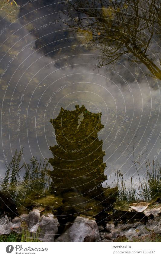 temple Water Pond Lake Coast Lakeside River bank Reflection Mirror image Surface of water Sky Clouds Copy Space Deserted Summer