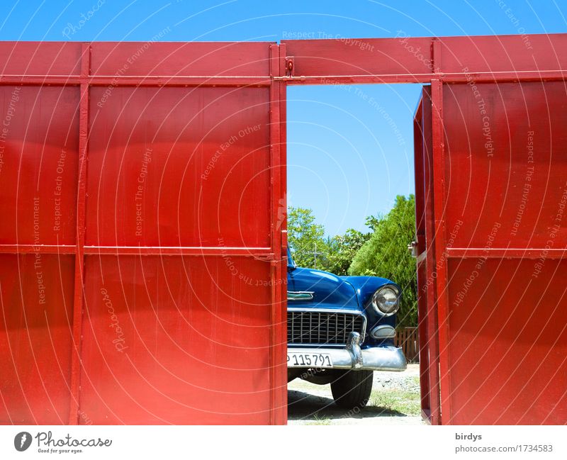 somewhere in Cuba Vacation & Travel Summer Cloudless sky Sunlight Beautiful weather Door Main gate Motoring Vintage car Limousine Glittering Wait Esthetic