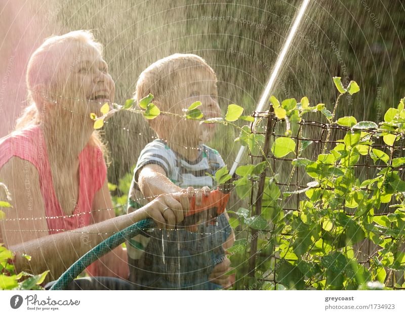 Laughing young mother and her small son playing with a jet of water from a sprinkler nozzle allowing the spray to fall back over themselves in a summer garden