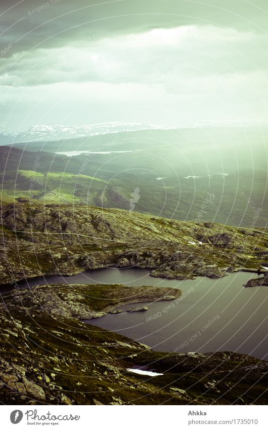 Junkerdalen Energy industry Landscape Bad weather Wind Rain Mountain Snowcapped peak Lake Wild Perspective Change Far-off places Colour photo Exterior shot