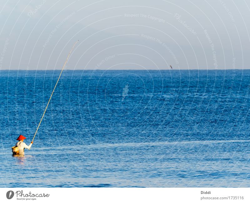 Anglers in the sea Vacation & Travel Beach Ocean Island Waves Fishing (Angle) Fishery Water Sky Horizon Summer Beautiful weather Lakeside Java Lake Hat