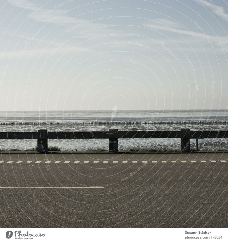 Road, crash barrier and lots of sea Subdued colour Exterior shot Deserted Copy Space top Copy Space bottom Day Evening Contrast Central perspective