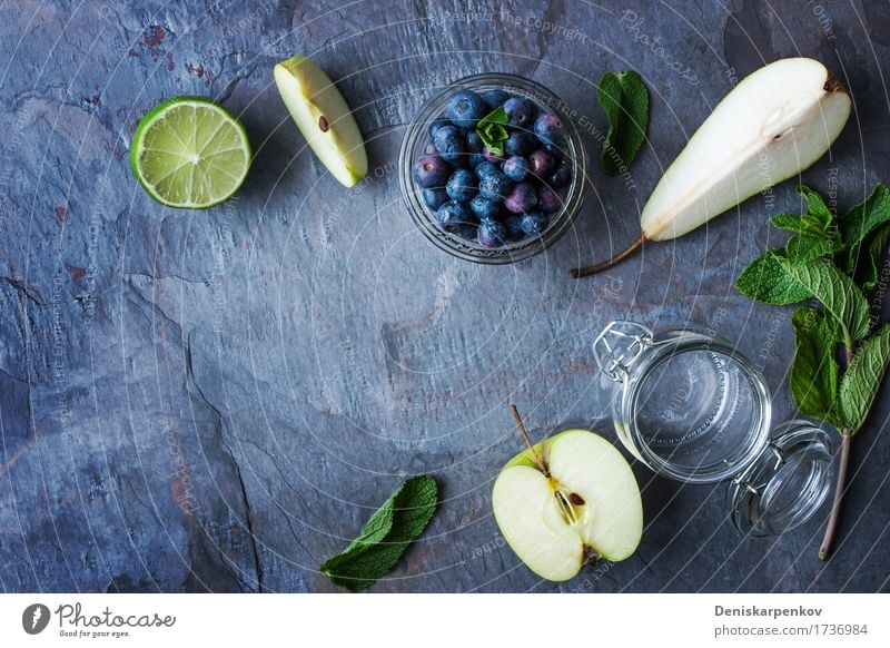 Ingredients for smoothie from apple, pear and blueberry Fruit Apple Nutrition Breakfast Vegetarian diet Juice Pot Table Plant Fresh Blue Yellow Green Colour