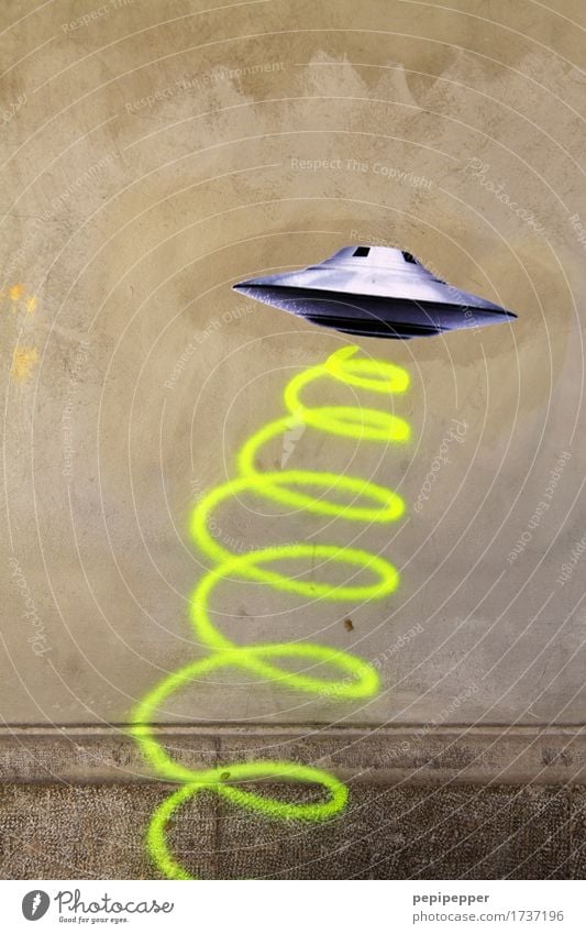 UFO Living or residing Machinery Technology Advancement Future High-tech Astronautics Art Painter Work of art Town House (Residential Structure) Wall (barrier)