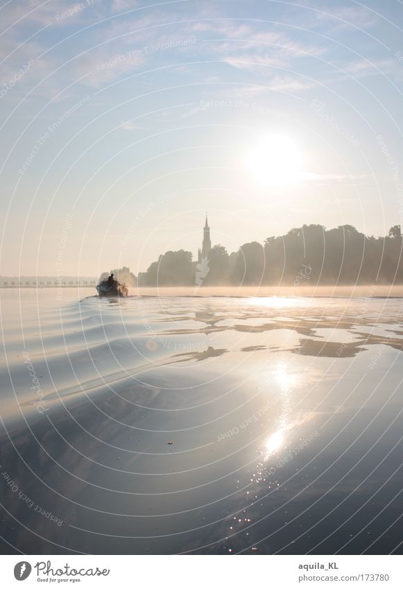 Fog over Malchow Colour photo Copy Space top Dawn Reflection Sunlight Sunbeam Sunrise Sunset Back-light Landscape Sky Summer Waves Fantastic Beautiful Dream