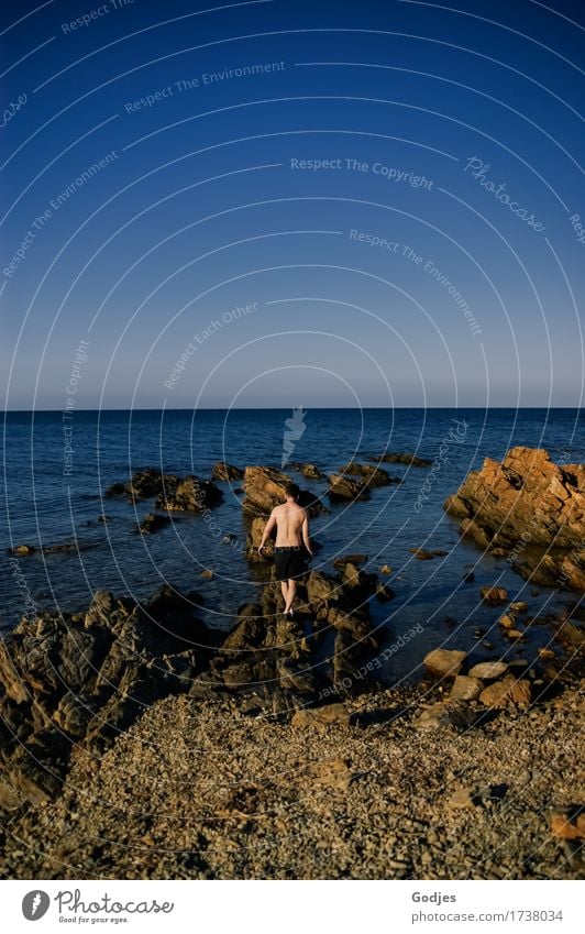 rock step Human being Masculine Young man Youth (Young adults) Man Adults 1 30 - 45 years Nature Water Summer Coast Beach Ocean Italy Sardinia Europe Stone Sand